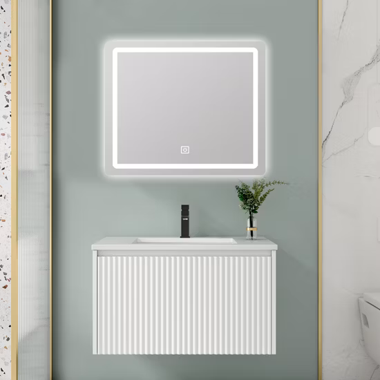 1400 ミリメートル幅高級モダンなデザイン LED バックライト付きミラー焼結石洗面器壁掛け木製浴室化粧台キャビネット家具